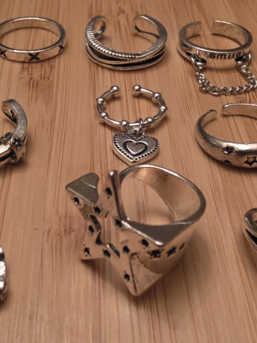 Silver Tone Stackable Rings Set with Heart Charm
